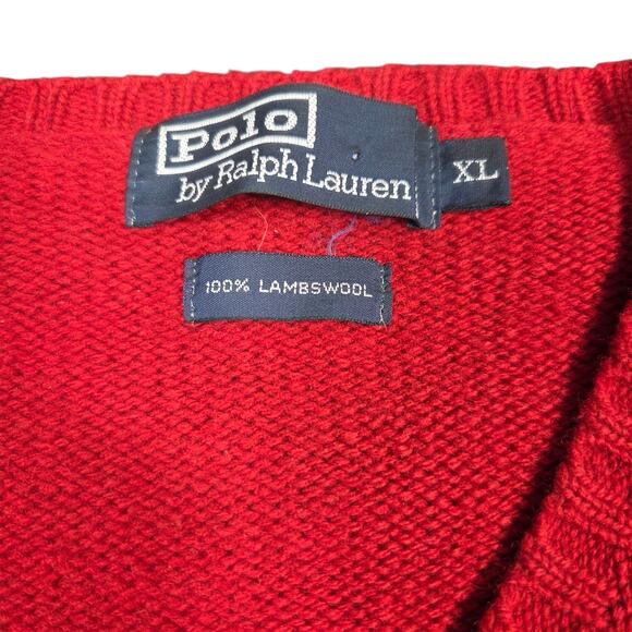 Vintage Polo By Ralph‎ Lauren Sweater Mens XL Red Lambs Wool V Neck Grandpa - Picture 4 of 16